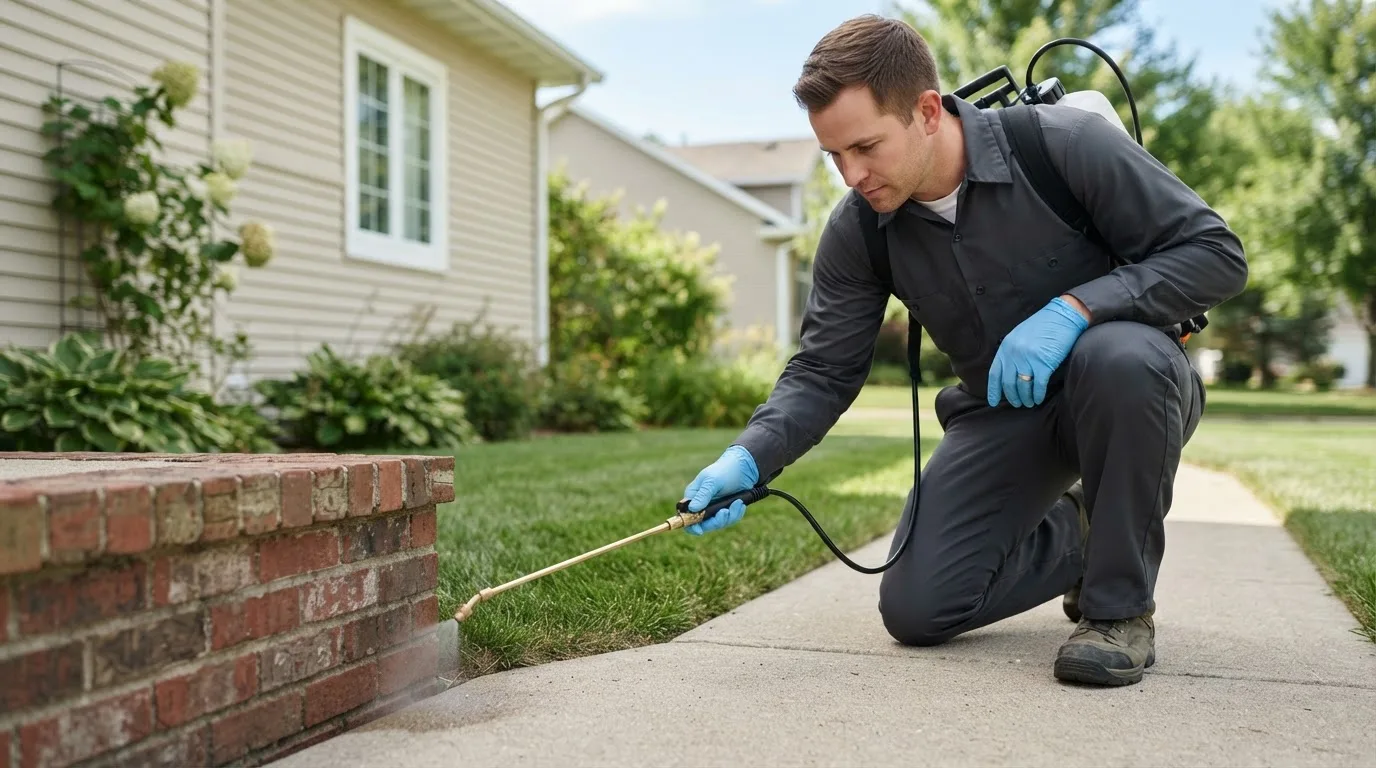 Pest control technician treating a home near Beallsville, MD